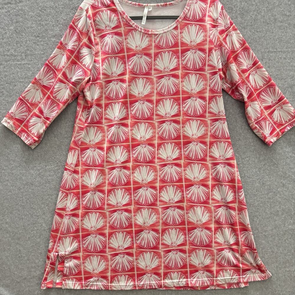 Lulu B Beachy Shift Dress Sz L Coral White Seashell Coastal UPF Vacation Resort